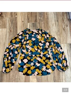 CAbi Floral Puff-Sleeve Blouse - Black, Teal & Mustard
